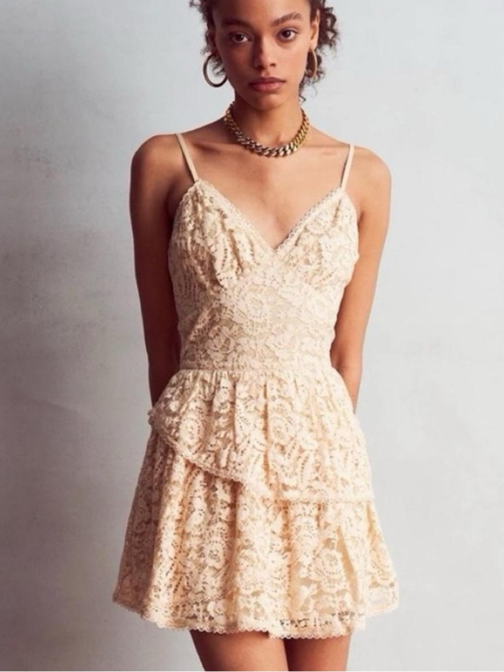 Loveshackfancy Buttercream Lace Tiered Spaghetti Strap Mini Dress Size 4